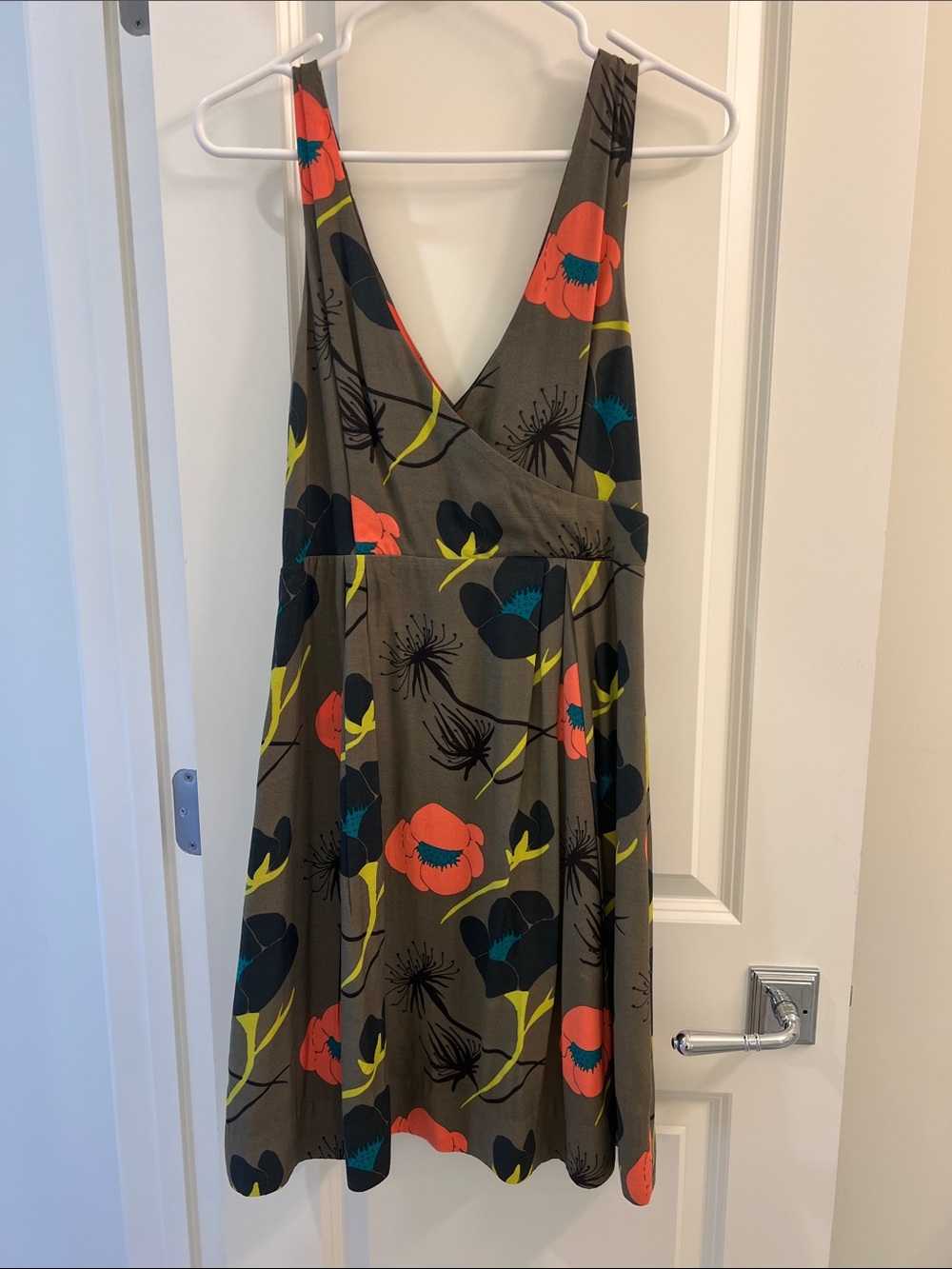 Sleeveless V-Neck Floral Dress in Olive with Coral Accents